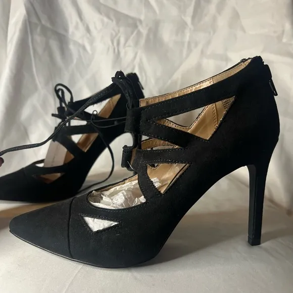 New York &amp; Company Black Pointed Toe Strappy Lace Up Heels