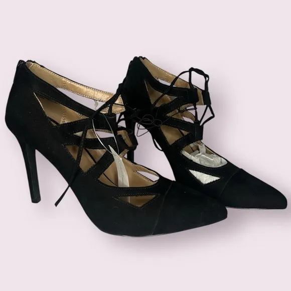 New York &amp; Company Black Pointed Toe Strappy Lace Up Heels