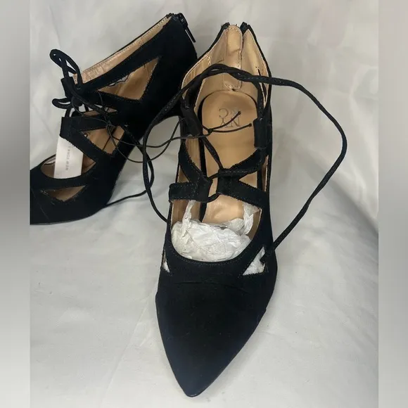 New York &amp; Company Black Pointed Toe Strappy Lace Up Heels