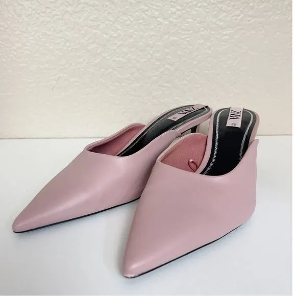 New Zara Light Pink pointy toe Mid-Heel Mules 39