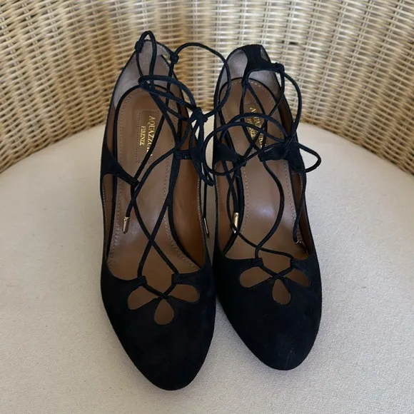 NIB Aquazzura Firenze Dancer Pump 85 Chic Black Suede Strappy Heels Size 38.5=8
