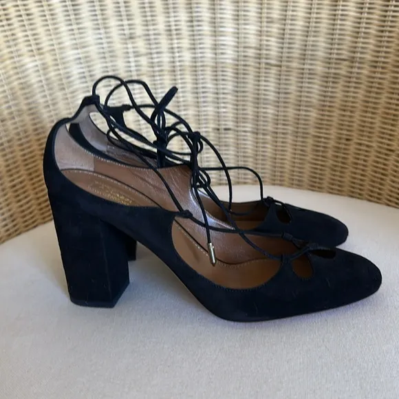 NIB Aquazzura Firenze Dancer Pump 85 Chic Black Suede Strappy Heels Size 38.5=8