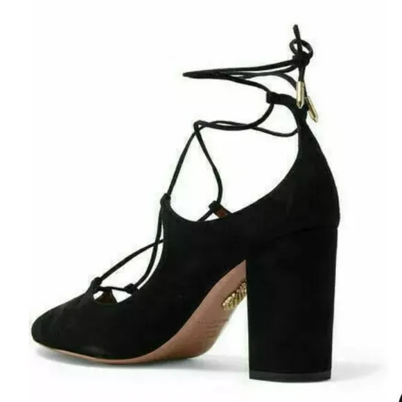 NIB Aquazzura Firenze Dancer Pump 85 Chic Black Suede Strappy Heels Size 38.5=8