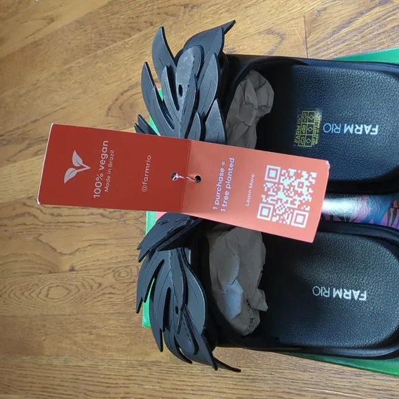 NIB FARM Rio Monstera Anatomic Slide Sandals In Black Women's Size 6