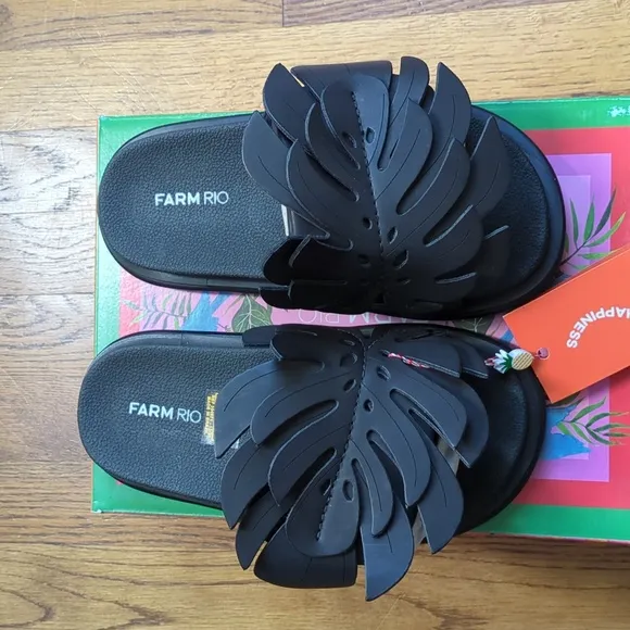NIB FARM Rio Monstera Anatomic Slide Sandals In Black Women's Size 6