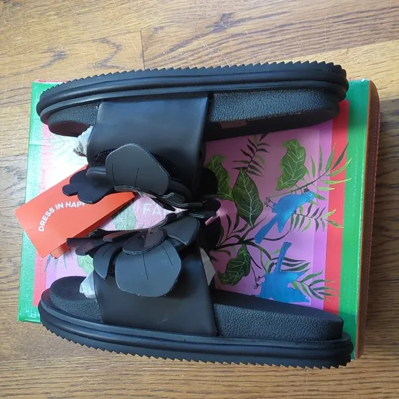 NIB FARM Rio Monstera Anatomic Slide Sandals In Black Women's Size 6