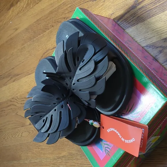 NIB FARM Rio Monstera Anatomic Slide Sandals In Black Women's Size 6
