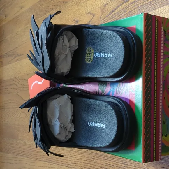 NIB FARM Rio Monstera Anatomic Slide Sandals In Black Women's Size 6