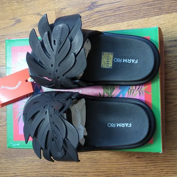 NIB FARM Rio Monstera Anatomic Slide Sandals In Black Women's Size 6