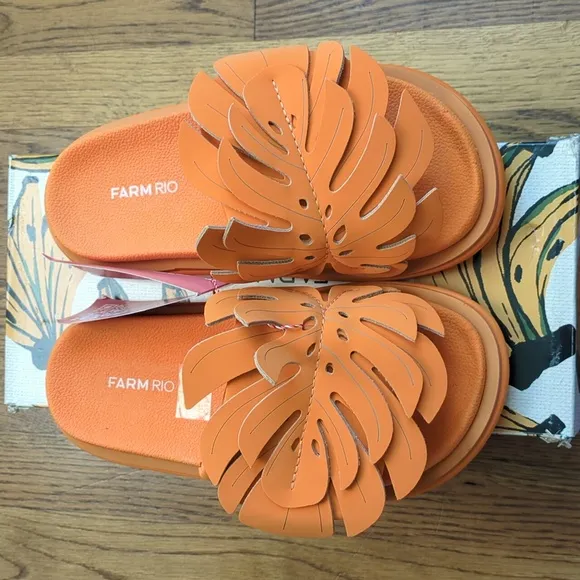NIB FARM Rio Monstera Anatomic Slide Sandals In Orange Women's Size 7