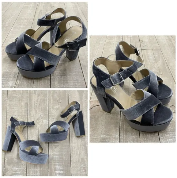 NIB Gray Velvet Strappy Block Heel Podium Sandal Platform Heels Size 37