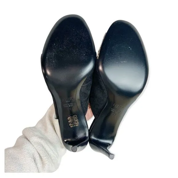 NIB FENDI Black Suede &amp; Snake Skin Slip On Heeled Mules Size EU 39