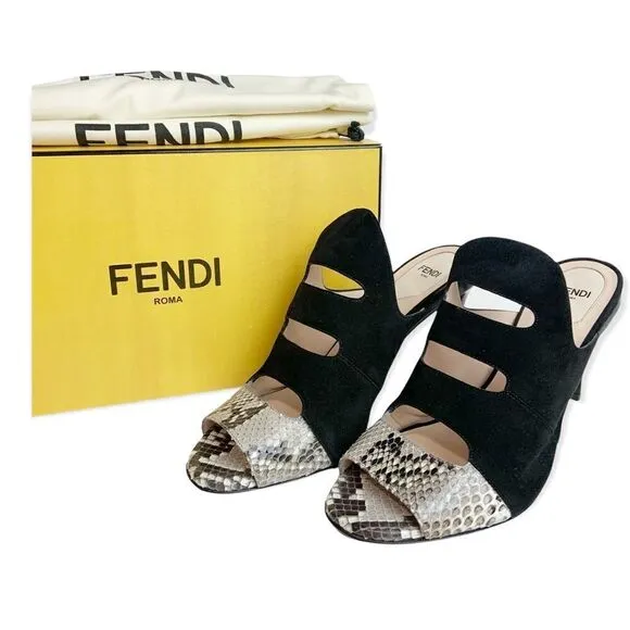 NIB FENDI Black Suede &amp; Snake Skin Slip On Heeled Mules Size EU 39