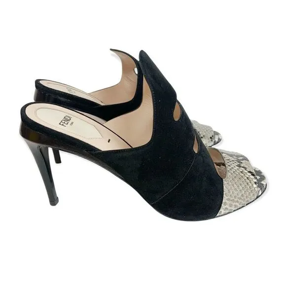 NIB FENDI Black Suede &amp; Snake Skin Slip On Heeled Mules Size EU 39