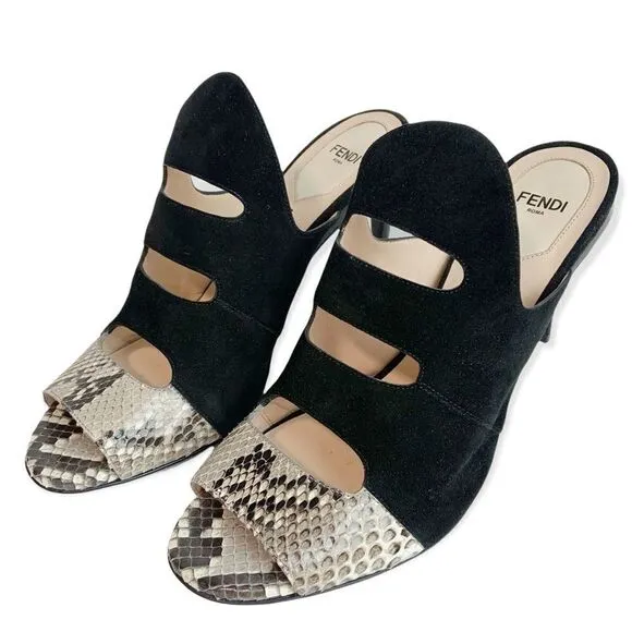 NIB FENDI Black Suede &amp; Snake Skin Slip On Heeled Mules Size EU 39