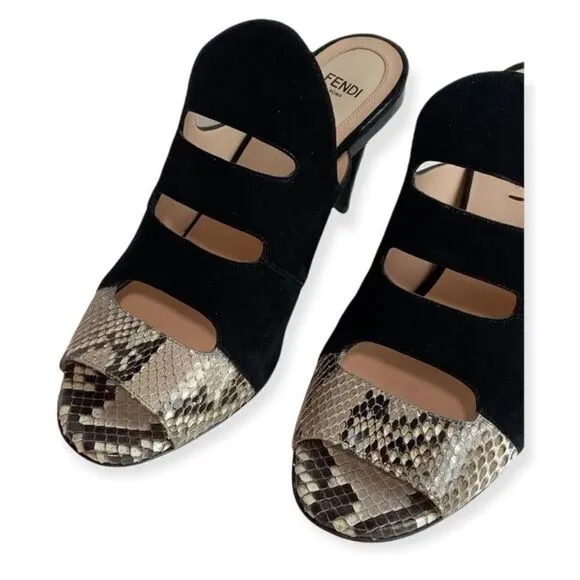 NIB FENDI Black Suede &amp; Snake Skin Slip On Heeled Mules Size EU 39
