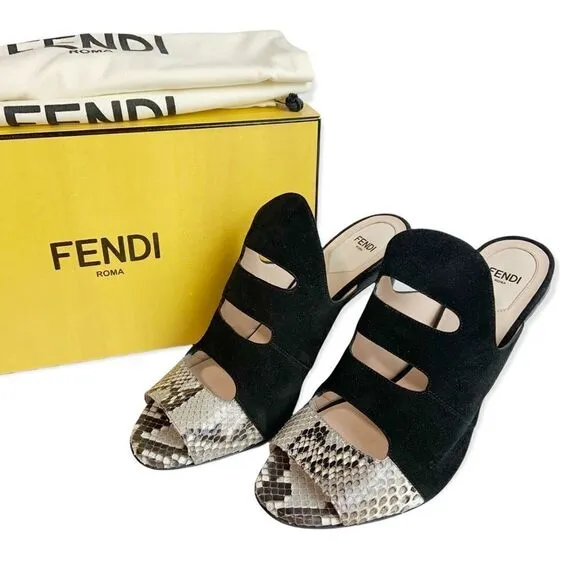 NIB FENDI Black Suede &amp; Snake Skin Slip On Heeled Mules Size EU 39