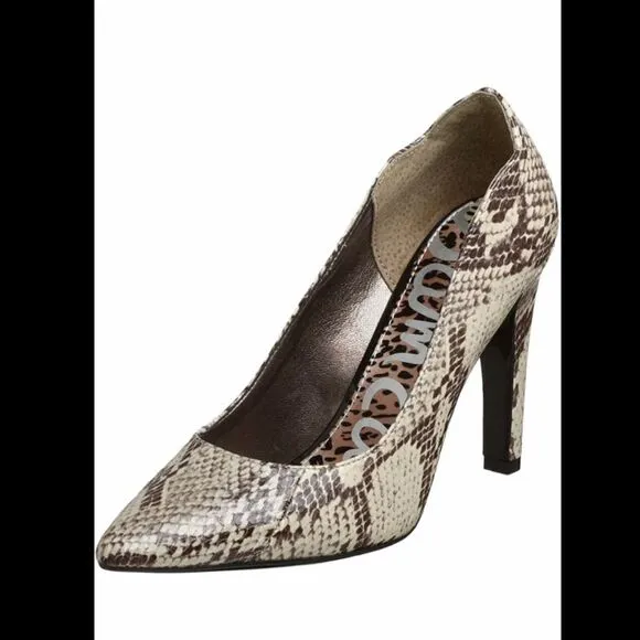 NIB New SAM EDELMAN Sadi Gray Tan Snake Python Print Pumps Heels 7.5 7 1/2