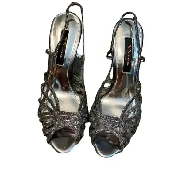 Nina Sliver Black Metallic Sparkling Glitter Party Strappy Platform Heels
