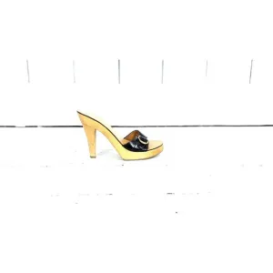 Nine West black leather high heel wooden gold buckle platform open toe clog mule