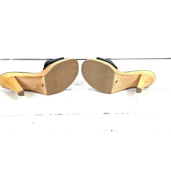 Nine West black leather high heel wooden gold buckle platform open toe clog mule