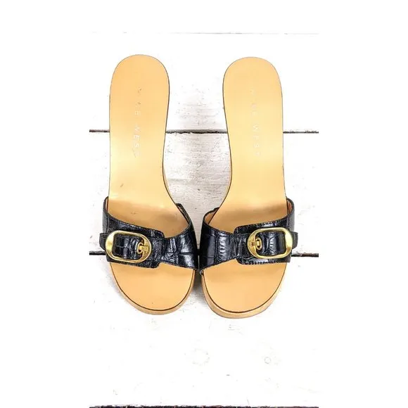 Nine West black leather high heel wooden gold buckle platform open toe clog mule