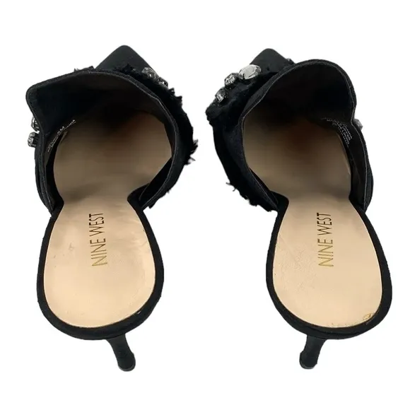 Nine West Black Satin Rhinestone Macadamia Pointed Toe Dress Mules