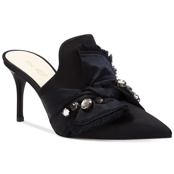 Nine West Black Satin Rhinestone Macadamia Pointed Toe Dress Mules