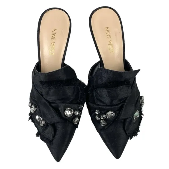 Nine West Black Satin Rhinestone Macadamia Pointed Toe Dress Mules