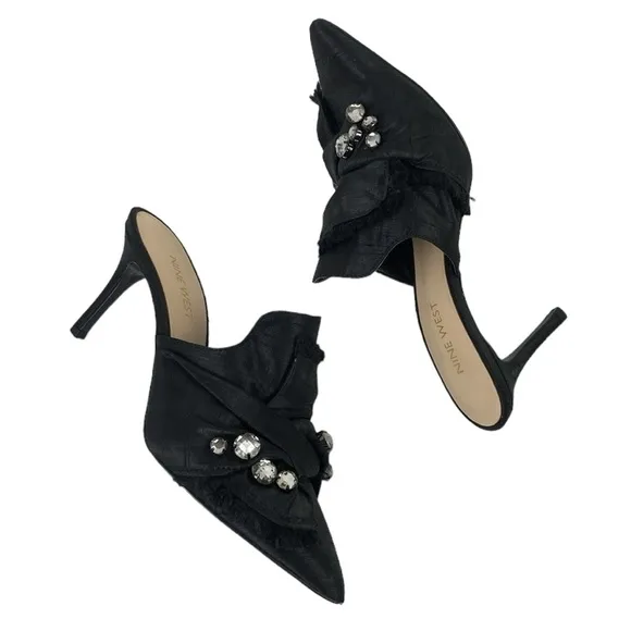 Nine West Black Satin Rhinestone Macadamia Pointed Toe Dress Mules