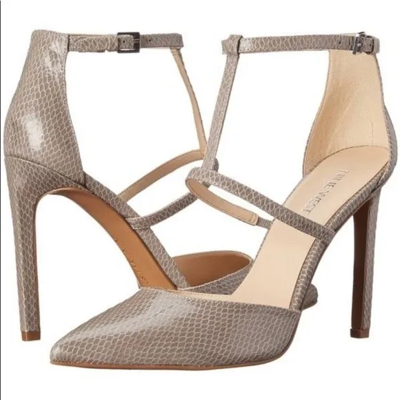 Nine West Pumps Snake Skin STRAPPY HEELS 9.5 Tornaydo Gray Taupe