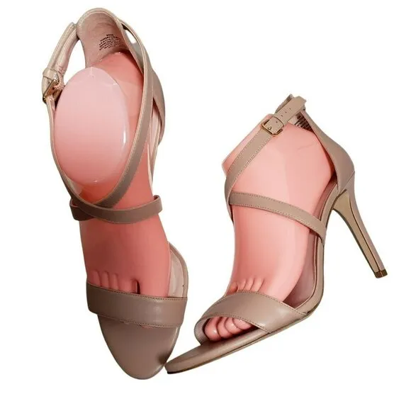 Nine West Taupe Leather Open Toe Strappy Buckle High Heels Sandals Size 9.5 M