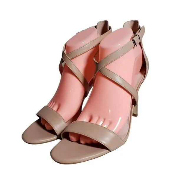 Nine West Taupe Leather Open Toe Strappy Buckle High Heels Sandals Size 9.5 M