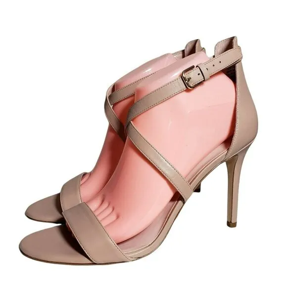 Nine West Taupe Leather Open Toe Strappy Buckle High Heels Sandals Size 9.5 M