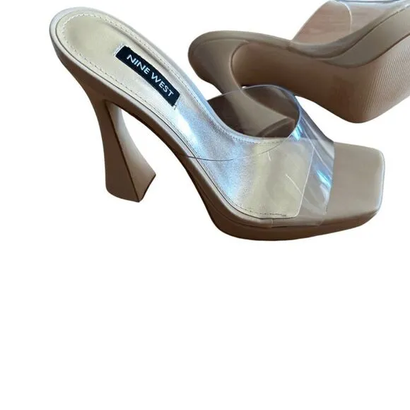 Nine West Womens Clear Warm Blush Ansel Faux Leather Mules Platform Heels Size 7