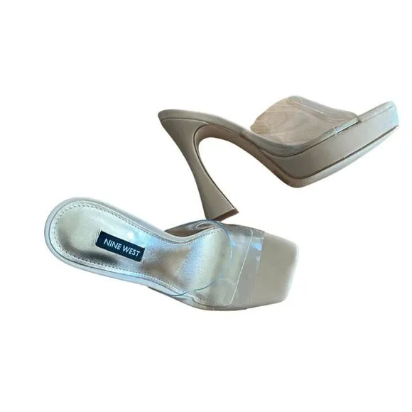 Nine West Womens Clear Warm Blush Ansel Faux Leather Mules Platform Heels Size 7