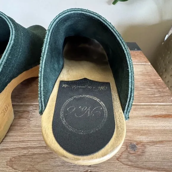 No. 6 Mid Heel Old School Deep Forest Green Genuine Suede Slip On Clogs Size 7
