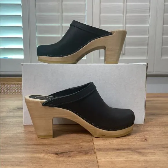 No. 6 Store Old School Clog High Heel Black Leather Upper Size 5 US 35 EU NIB