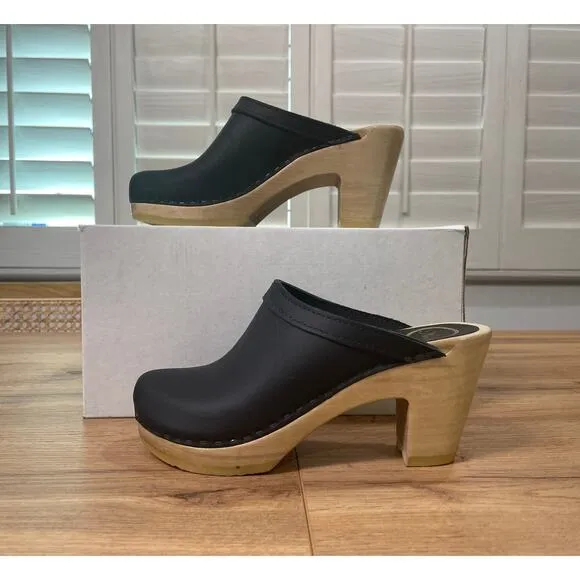 No. 6 Store Old School Clog High Heel Black Leather Upper Size 5 US 35 EU NIB