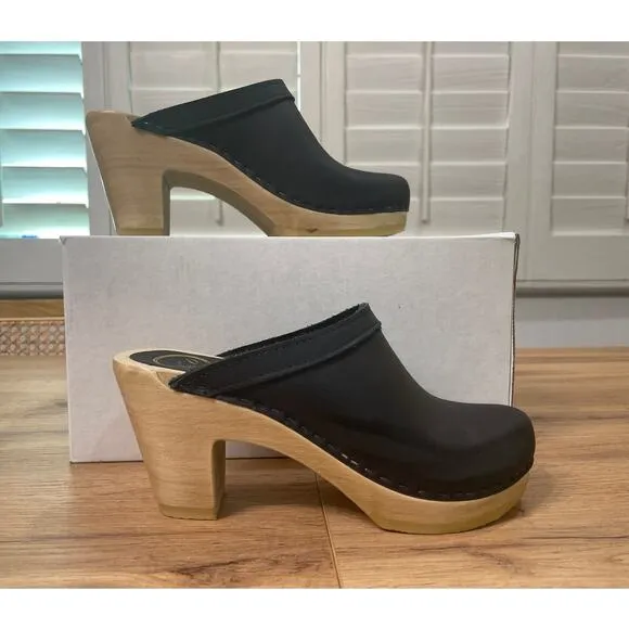 No. 6 Store Old School Clog High Heel Black Leather Upper Size 5 US 35 EU NIB