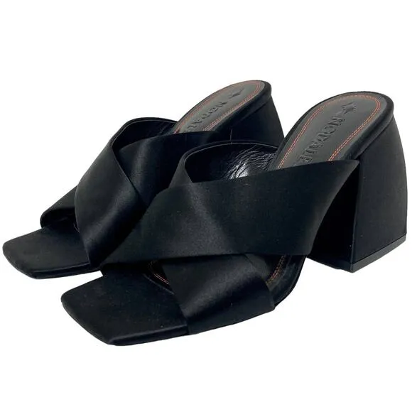 Nodaleto Bulla Banks Block Heel Sandals, EU size 38  black satin Italian shoe