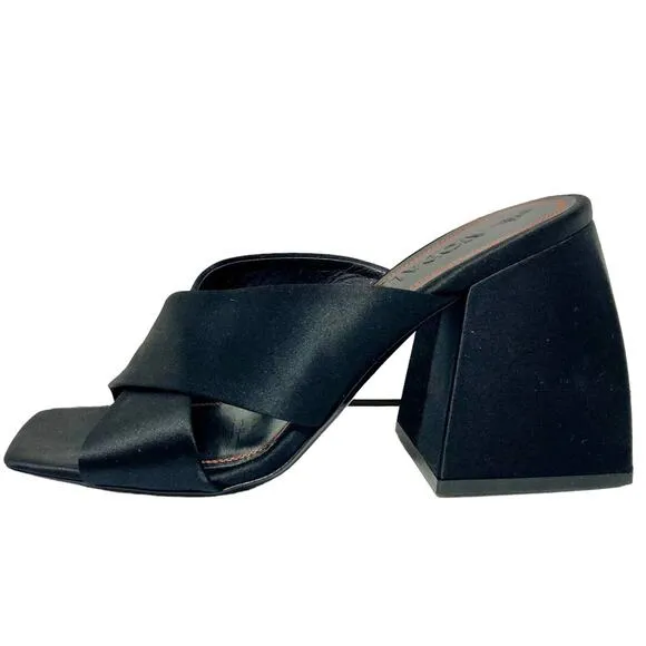 Nodaleto Bulla Banks Block Heel Sandals, EU size 38  black satin Italian shoe