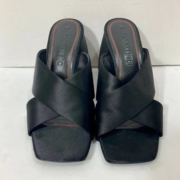 Nodaleto Bulla Banks Block Heel Sandals, EU size 38  black satin Italian shoe