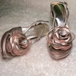 NWOB* $495 Stuart Weitzman | Glitter Gilded Leather Strappy Heels in Rose Gold