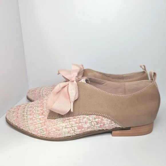 NWOB Kelsi Dagger Blush Pink Tweed &amp; Leather Lace Up Pointed Toe Oxfords 10