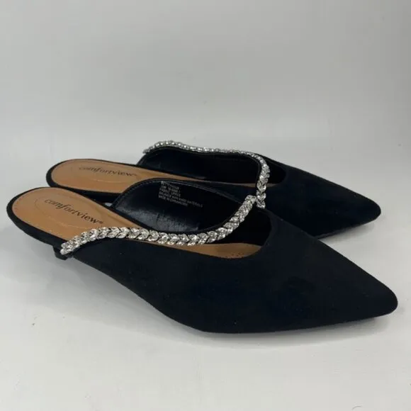 NWOT comfortview Wide Width The Bette Mule Suede Embellishment along strap 10W