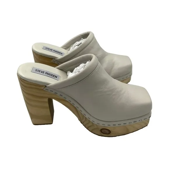 NWOT STEVE MADDEN Alvara Leather Block Heeled Mule Sandals Bone 9.5”