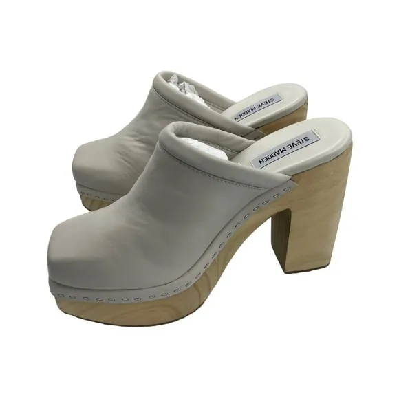 NWOT STEVE MADDEN Alvara Leather Block Heeled Mule Sandals Bone 9.5”