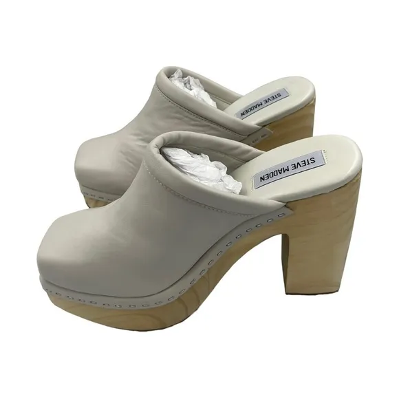 NWOT STEVE MADDEN Alvara Leather Block Heeled Mule Sandals Bone 9.5”