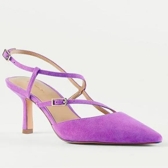 NWOT Womens ANN TAYLOR Strappy Asymmetrical Suede Pumps Neon Fuchsia Heels Sz 5